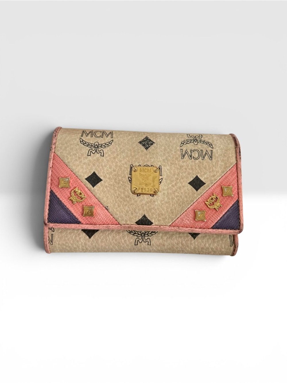 MCM Beige Trifold Wallet with Pink & Purple Accent Panels
